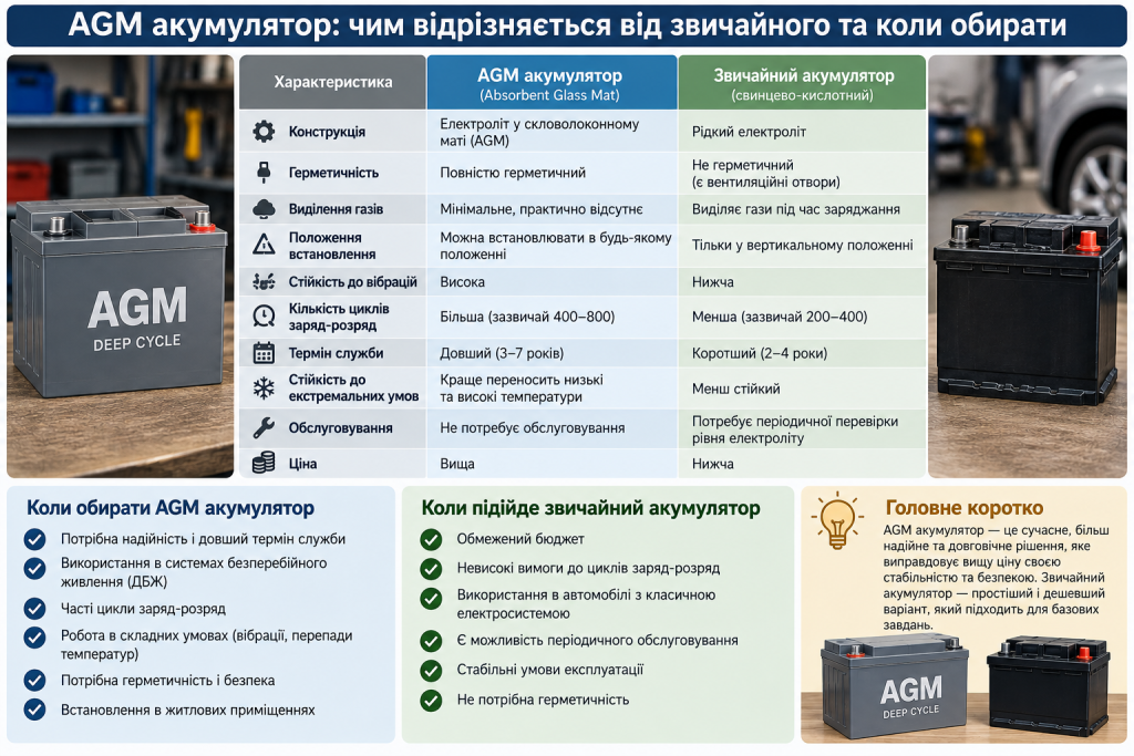 Порівняння AGM та звичайного свинцево-кислотного акумулятора за характеристиками, ресурсом і обслуговуванням