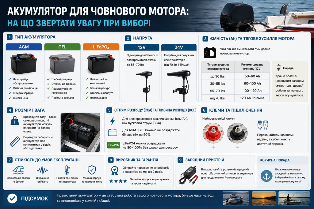 Інфографіка про вибір акумулятора для човнового електромотора за типом, напругою, ємністю та умовами експлуатації