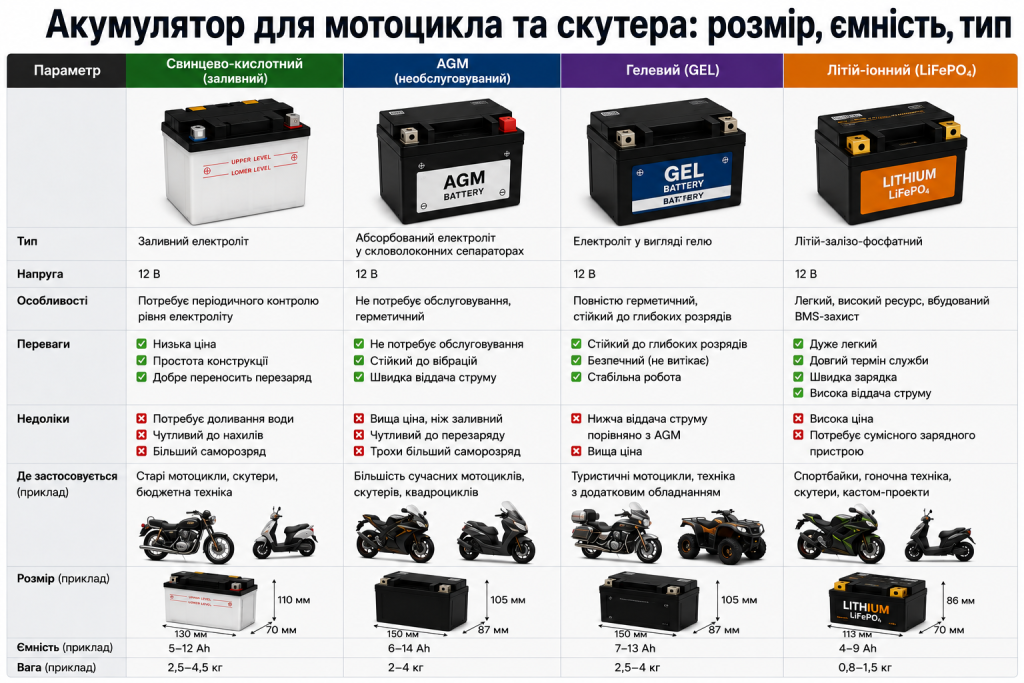 Порівняння свинцево-кислотних, AGM, GEL та LiFePO4 акумуляторів для мотоциклів і скутерів