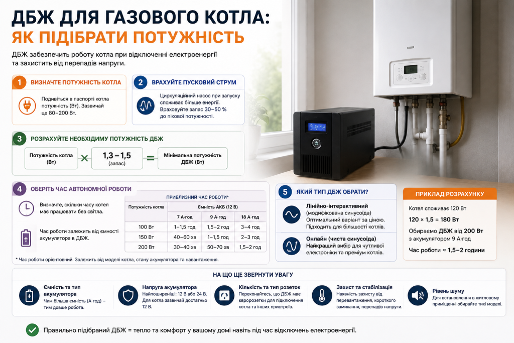Інфографіка з вибору ДБЖ для газового котла за потужністю, ємністю акумулятора та часом автономної роботи