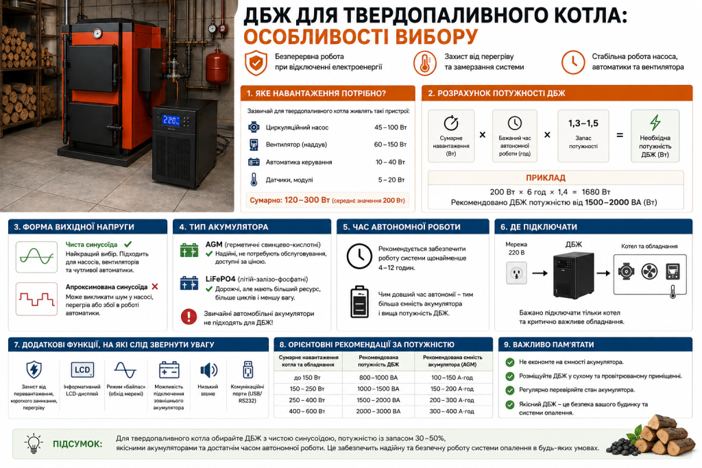 Інфографіка про вибір ДБЖ для твердопаливного котла за потужністю, типом акумулятора та часом автономної роботи