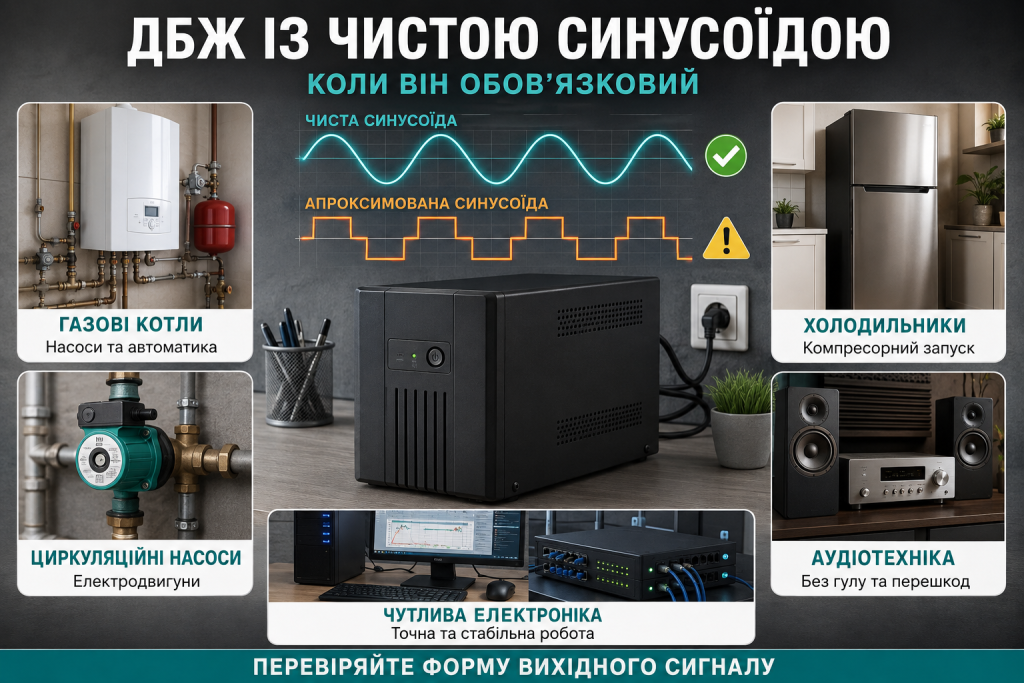 Інфографіка про ДБЖ із чистою синусоїдою для газового котла, насосів, холодильника та чутливої електроніки