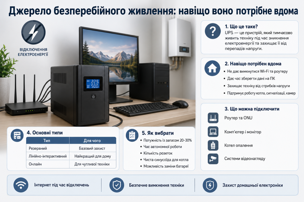 Інфографіка про джерело безперебійного живлення для дому, його види, переваги та підключення техніки