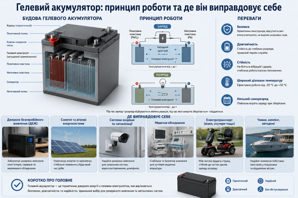 Інфографіка про будову і принцип роботи гелевого акумулятора, його переваги та сфери використання