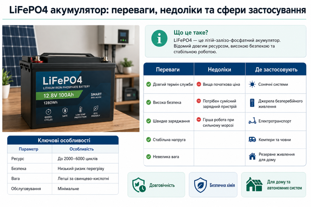 Інфографіка про LiFePO4 акумулятор, його характеристики, переваги, недоліки та сфери застосування