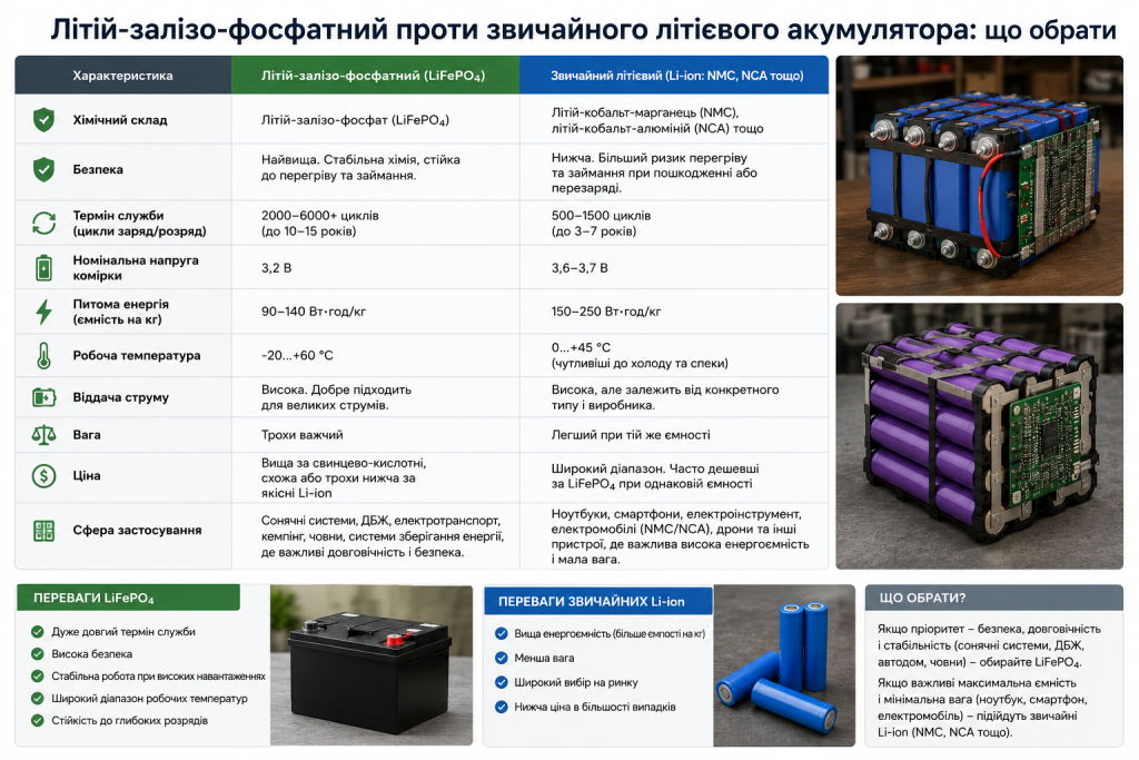 Інфографіка порівняння LiFePO4 та звичайних літій-іонних акумуляторів за безпекою, ресурсом, вагою та сферою застосування