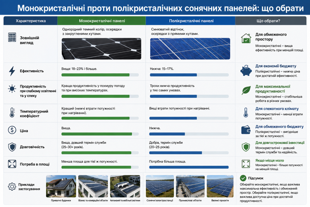 Інфографіка порівняння монокристалічних і полікристалічних сонячних панелей за ефективністю, ціною та довговічністю