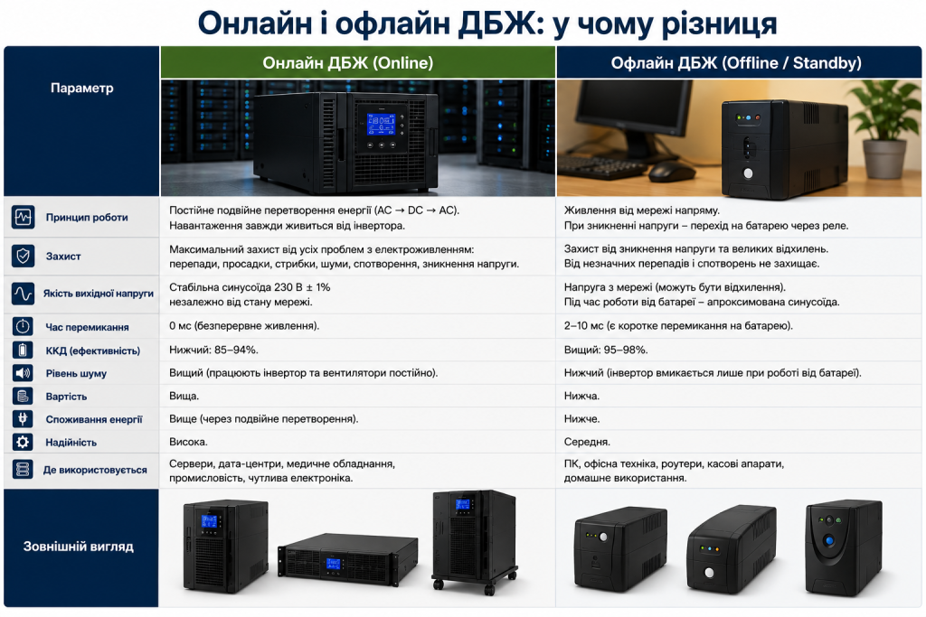Порівняння онлайн і офлайн джерел безперебійного живлення за захистом, напругою, ККД та сферою використання