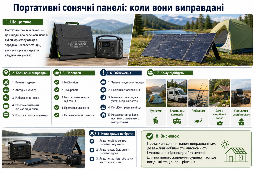 Інфографіка про портативні сонячні панелі для кемпінгу, туризму, риболовлі та автономного живлення