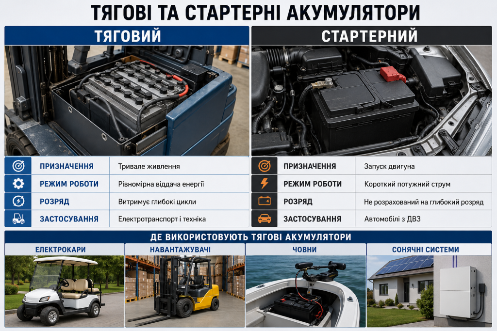 Інфографіка порівняння тягового акумулятора для навантажувача та стартерного акумулятора автомобіля