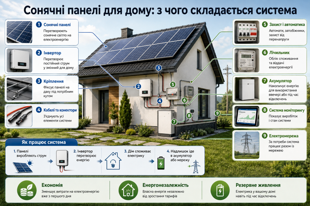 Інфографіка домашньої сонячної електростанції з панелями, інвертором, акумулятором та системою захисту