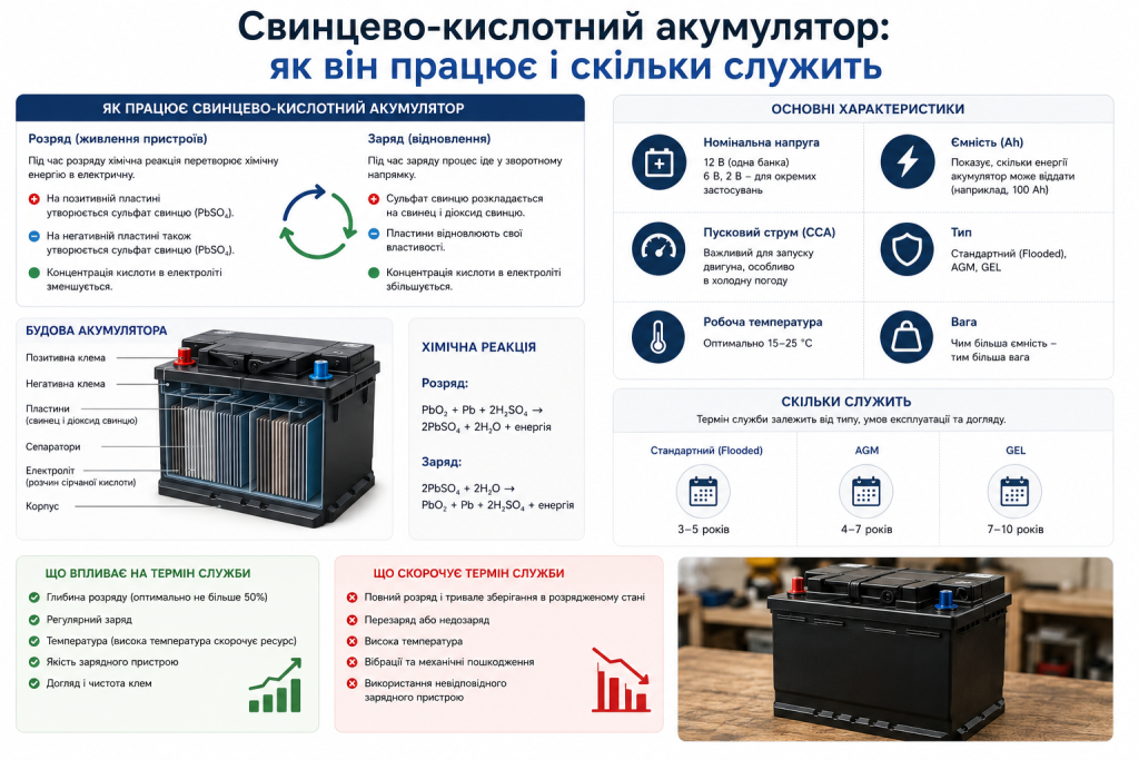 Інфографіка про будову, принцип роботи, характеристики та термін служби свинцево-кислотного акумулятора