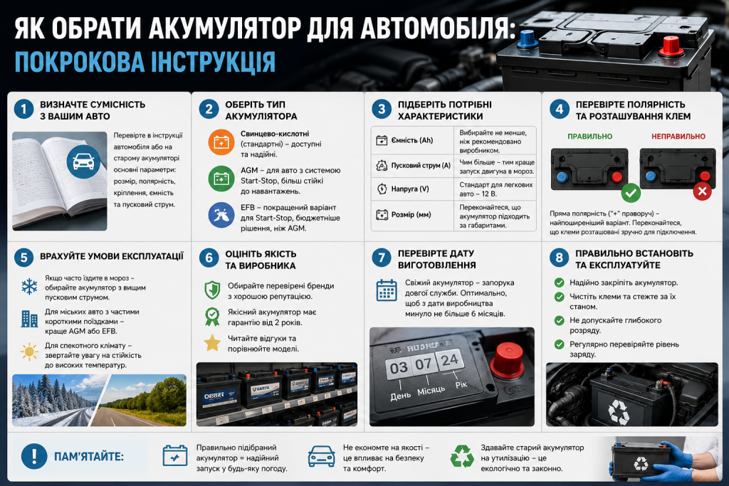 Інфографіка з основними критеріями вибору автомобільного акумулятора за типом, ємністю, пусковим струмом і розміром