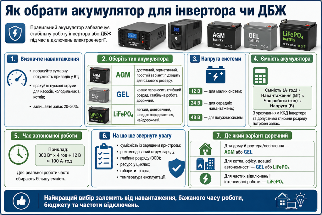 Інфографіка з вибору AGM, GEL та LiFePO4 акумулятора для інвертора або джерела безперебійного живлення