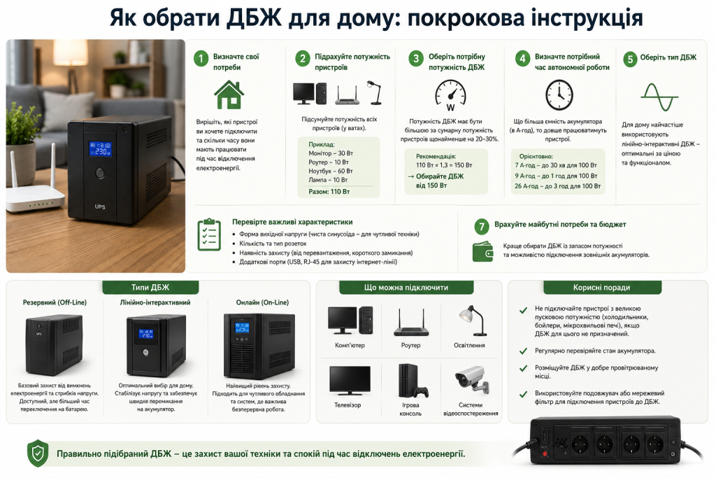 Інфографіка з порадами, як вибрати джерело безперебійного живлення для дому за потужністю та часом роботи