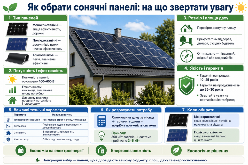 Інфографіка про вибір сонячних панелей для дому за типом, потужністю, ефективністю, розміром і гарантією