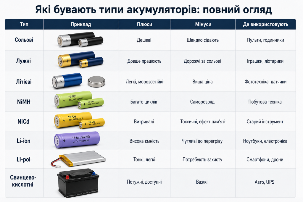 Таблиця основних типів акумуляторів із прикладами, перевагами, недоліками та сферами застосування
