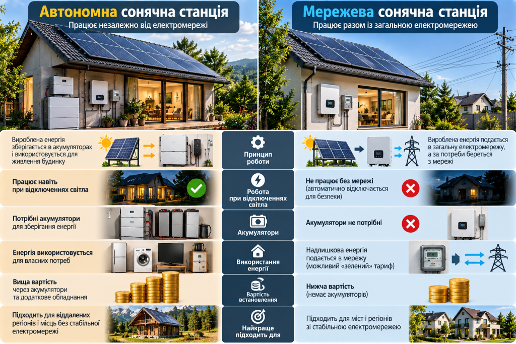Порівняльна інфографіка автономної та мережевої сонячних електростанцій: принцип роботи, акумулятори, використання електроенергії, вартість встановлення та особливості експлуатації.