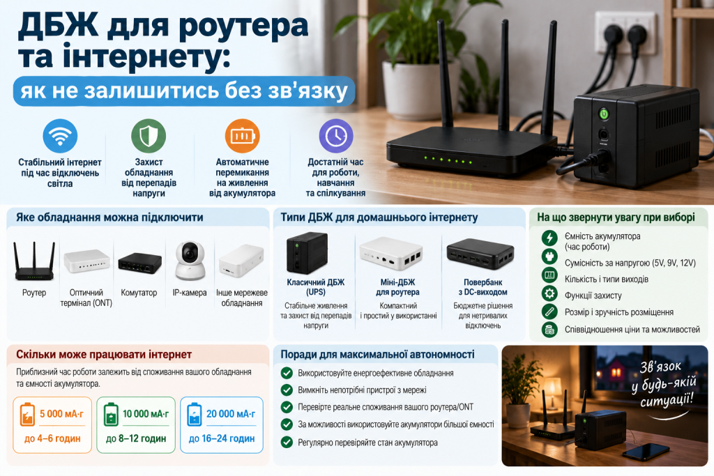 Інфографіка про ДБЖ для роутера та домашнього інтернету, типи резервного живлення, сумісне обладнання та орієнтовний час автономної роботи.