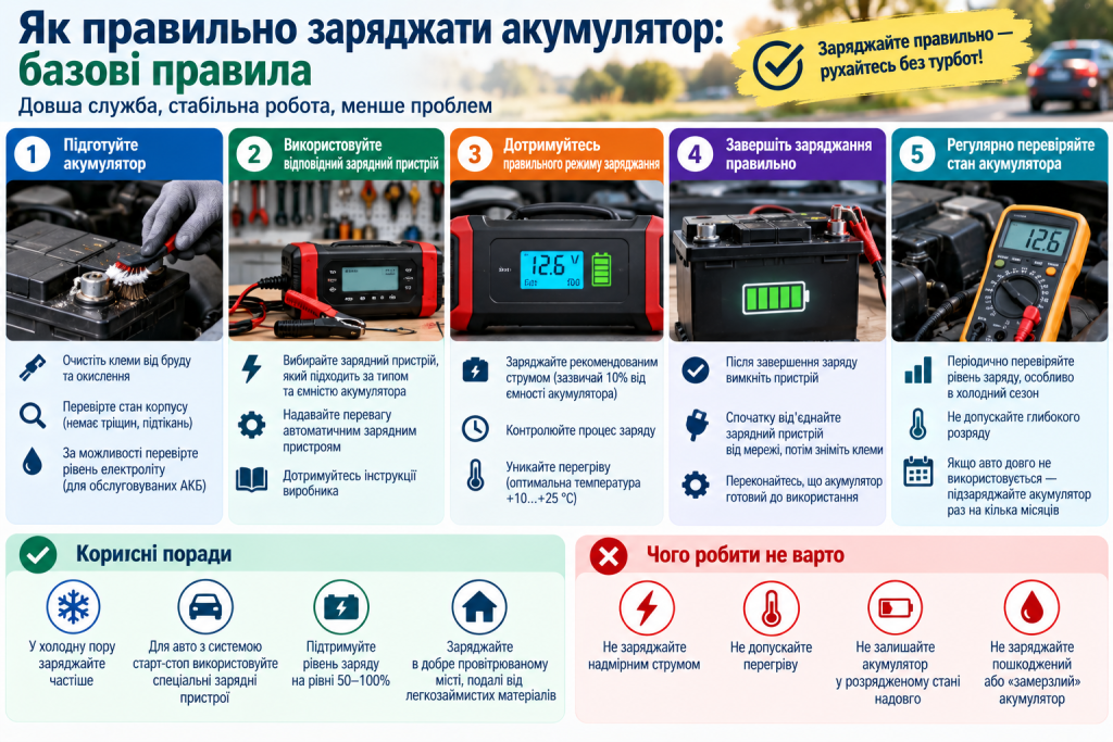 Інфографіка про правильне заряджання автомобільного акумулятора, вибір зарядного пристрою, режим зарядки та перевірку стану АКБ