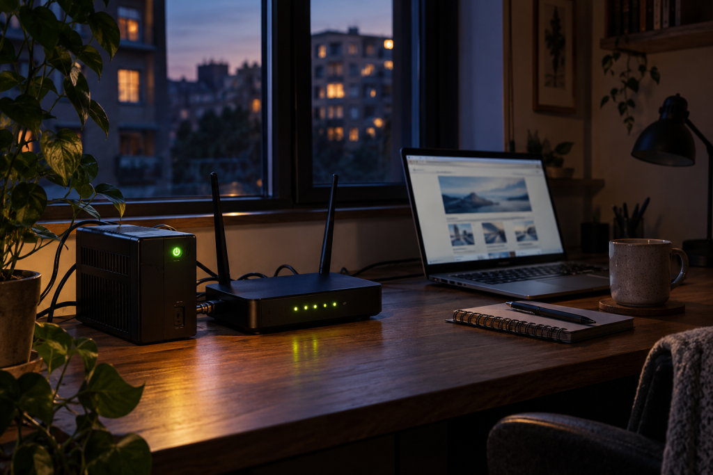 Wi-Fi роутер і джерело безперебійного живлення працюють у темній кімнаті під час відключення світла, забезпечуючи доступ до інтернету.