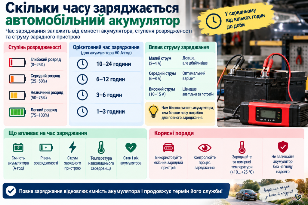 Інфографіка про час заряджання автомобільного акумулятора залежно від ступеня розряду, ємності та сили струму