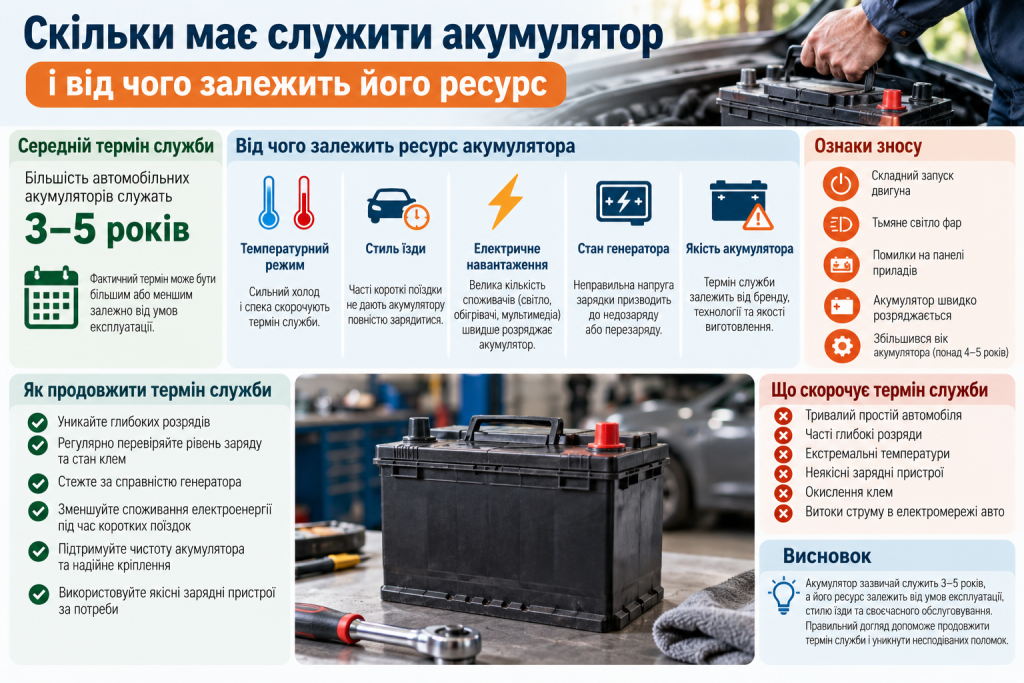 Інфографіка про середній термін служби автомобільного акумулятора, фактори зносу, ознаки несправності та способи продовження ресурсу батареї.