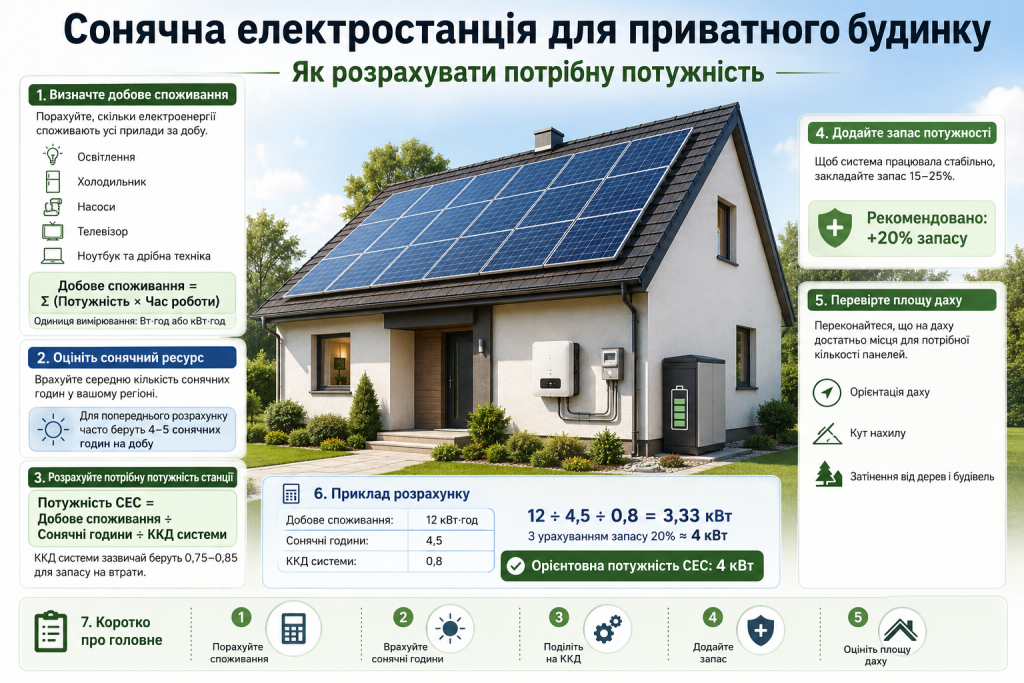 Інфографіка про розрахунок потужності домашньої сонячної електростанції з панелями, інвертором і акумулятором
