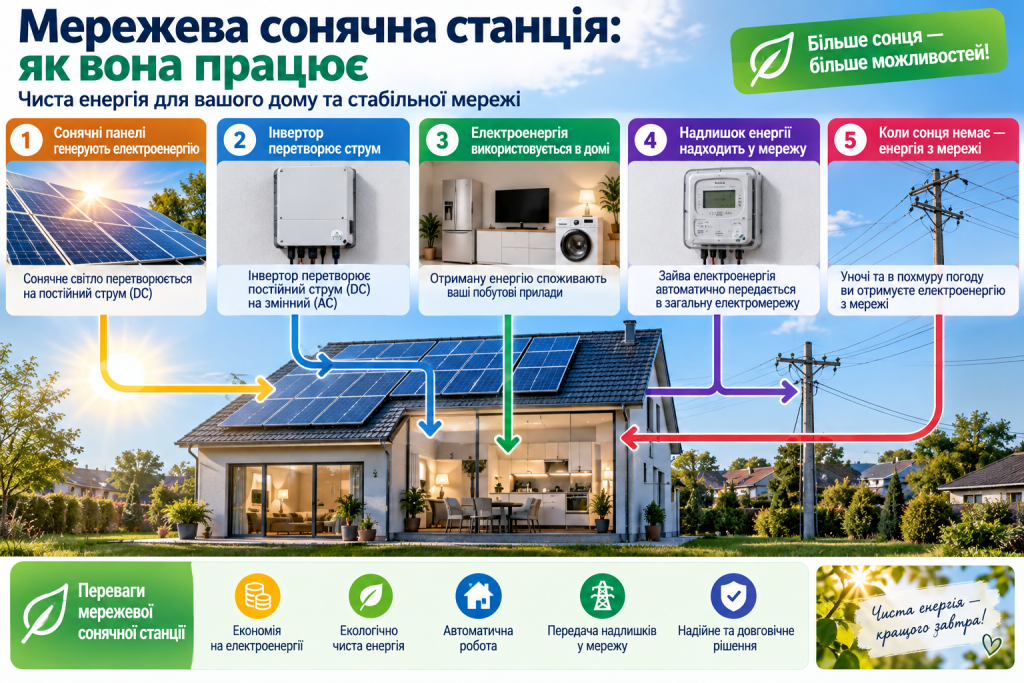 Інфографіка про принцип роботи мережевої сонячної електростанції з панелями, інвертором, будинком та передачею енергії в мережу