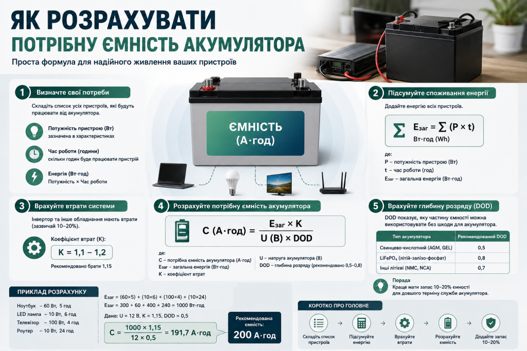 Інфографіка з формулою розрахунку ємності акумулятора за потужністю пристроїв, часом роботи, втратами системи та глибиною розряду