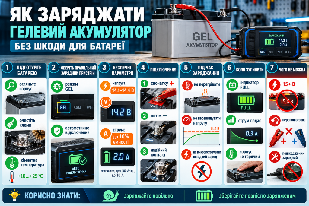 Інфографіка про заряджання гелевого акумулятора: вибір зарядного пристрою, безпечна напруга, сила струму, правильне підключення та ознаки завершення заряджання.