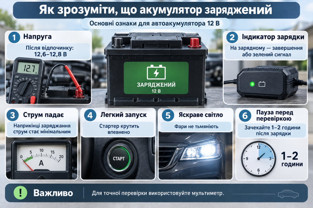 Інфографіка з основними ознаками повністю зарядженого автомобільного акумулятора 12 В, перевіркою напруги, струму та індикатора зарядки.