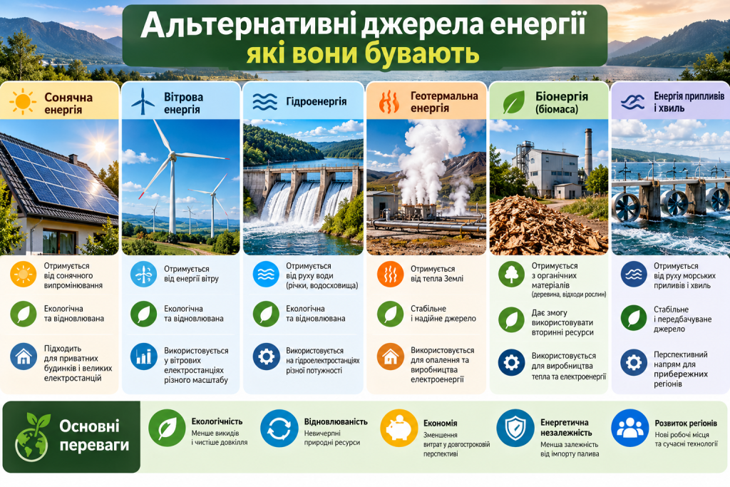 Інфографіка про альтернативні джерела енергії: сонячна, вітрова, гідро- та геотермальна енергетика, біоенергія та використання енергії морських хвиль.